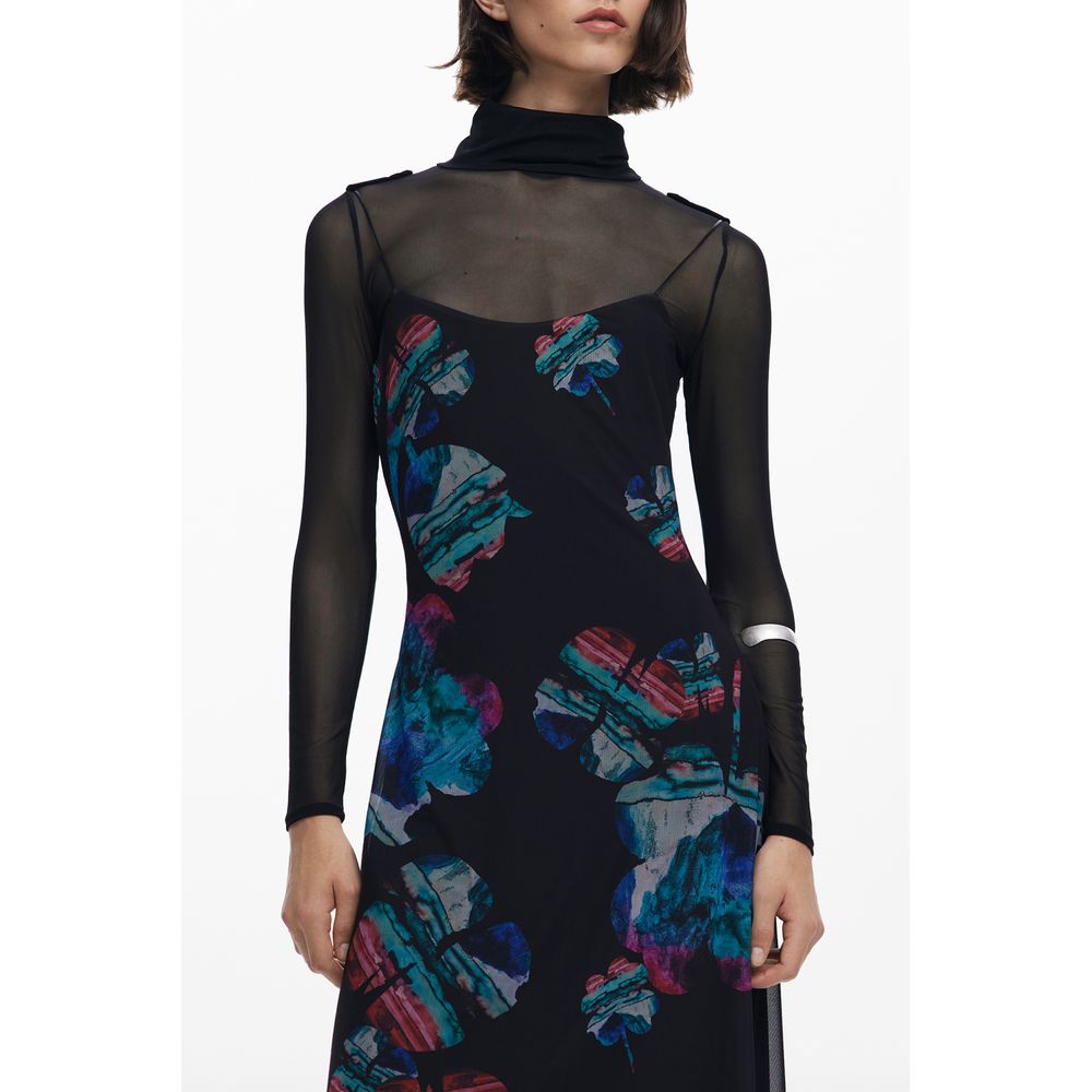 Dress by Desigual for women in stretch modacrylic polyester black & patterned features an sultry silhouette defined by a and long-sleeve, falling to an sultry long for a sultry look.