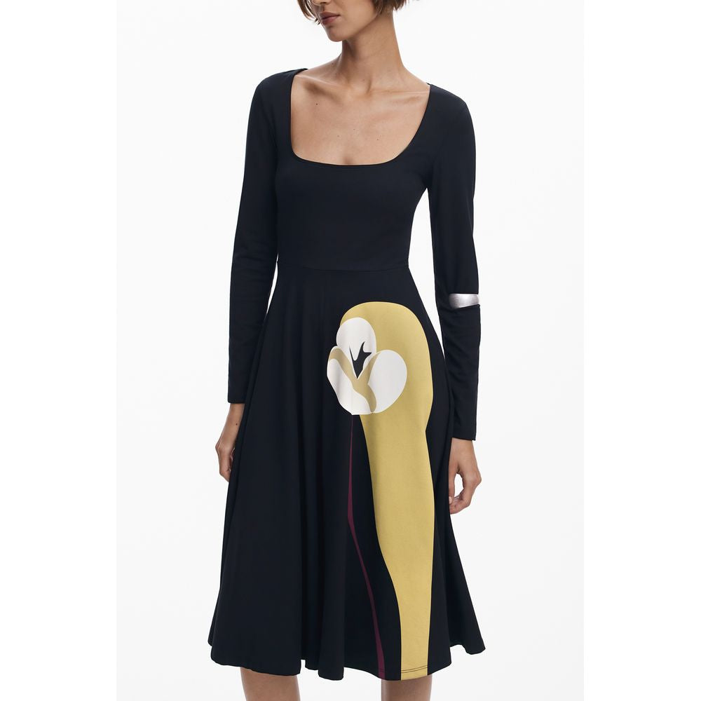 Dress by Desigual for women in stretch cotton black, patterned, signature & print features an sultry silhouette defined by a wide-neck neckline and long-sleeve, falling to an sultry long for a sultry look.