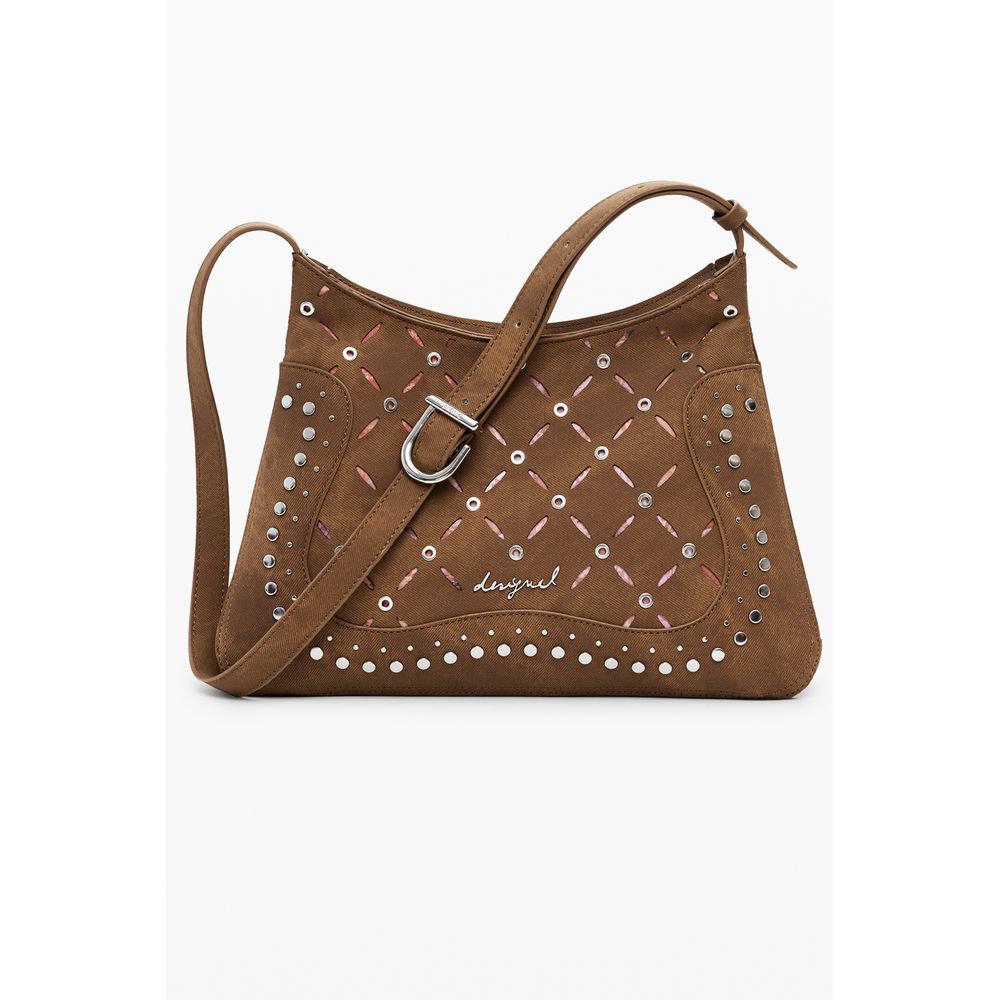 This Medium Shoulder Handbag by Desigual for women in faux leather and brown, floral & print presents a sculptural silhouette featuring a secure zipper, ample , and versatile shoulder-strap & handle for a sculptural finish.