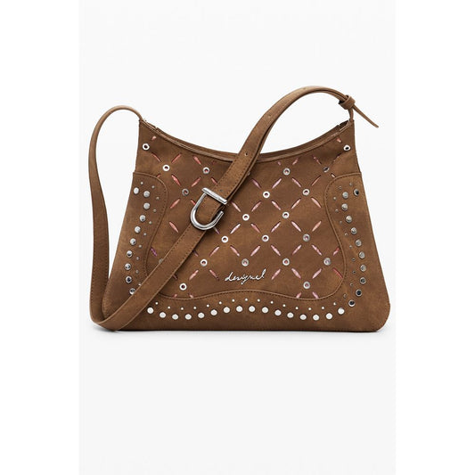 This Medium Shoulder Handbag by Desigual for women in faux leather and brown, floral & print presents a sculptural silhouette featuring a secure zipper, ample , and versatile shoulder-strap & handle for a sculptural finish.