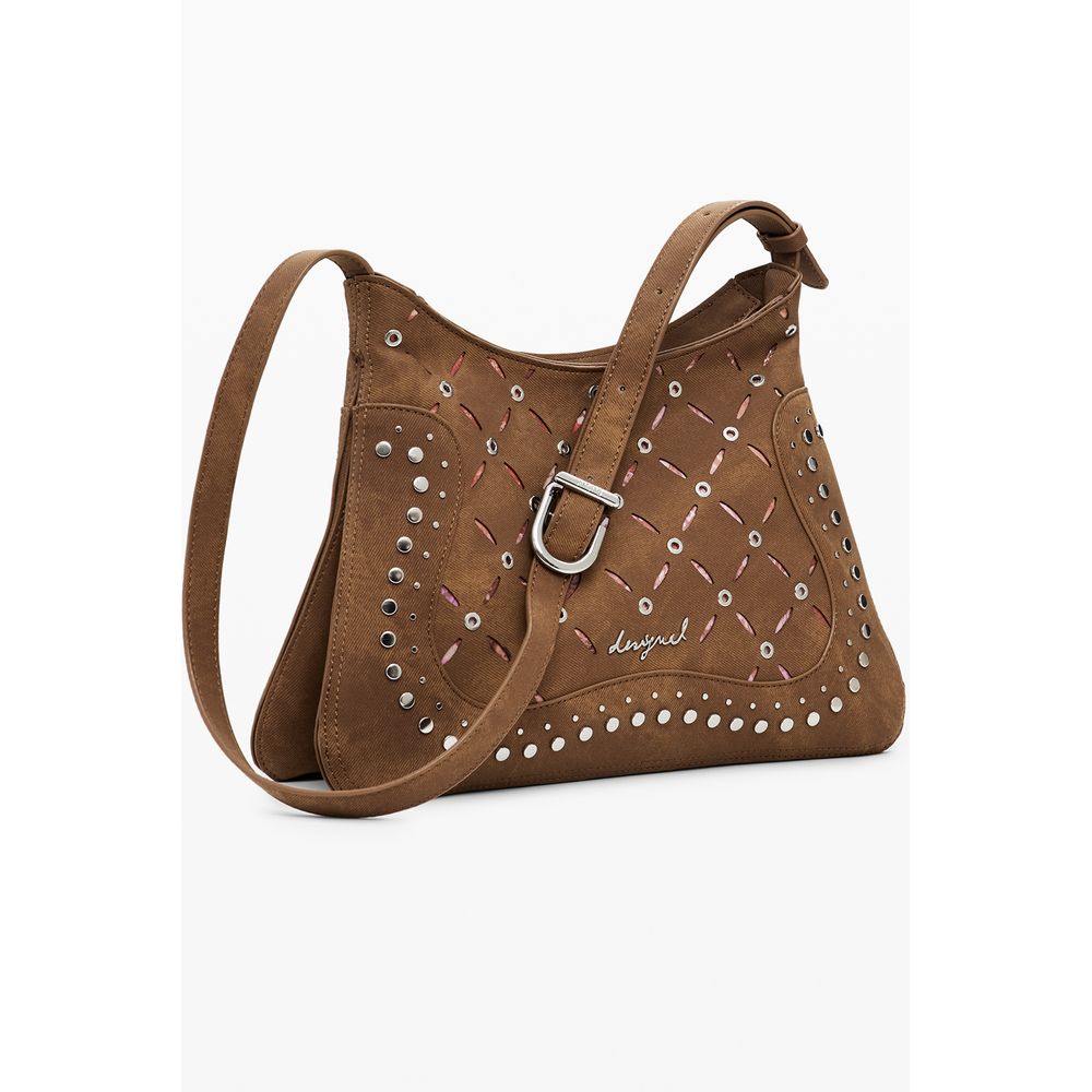 Medium Shoulder Handbag by Desigual for women in faux leather brown, floral & print presents a ornamental silhouette, showcasing a secure zipper, ample , and versatile shoulder-strap & handle for a ornamental finish.