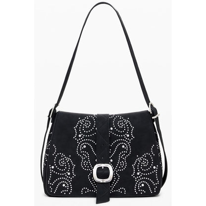 Small Crossbody Flap Handbag by Desigual for women in faux leather black features a ornamental silhouette, showcasing a secure flap & zipper, ample , and ornamental crossbody-strap, adjustable-strap & handle for a sophisticated look.