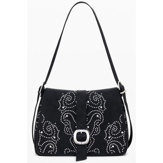 Small Crossbody Flap Handbag by Desigual for women in faux leather black features a ornamental silhouette, showcasing a secure flap & zipper, ample , and ornamental crossbody-strap, adjustable-strap & handle for a sophisticated look.