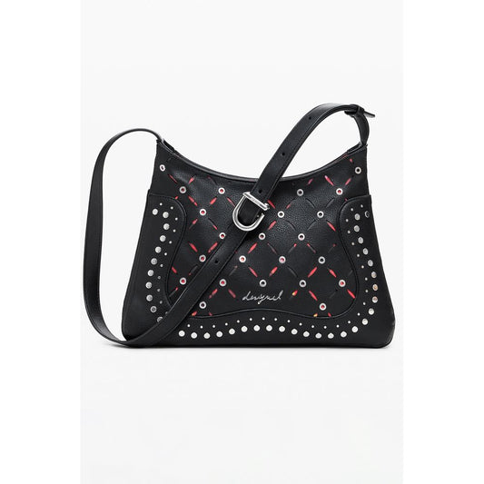 Small Crossbody Handbag by Desigual for women in faux leather black, patterned & floral presents a ornamental silhouette, showcasing a secure zipper, ample , and versatile crossbody-strap, adjustable-strap & handle for a ornamental finish.