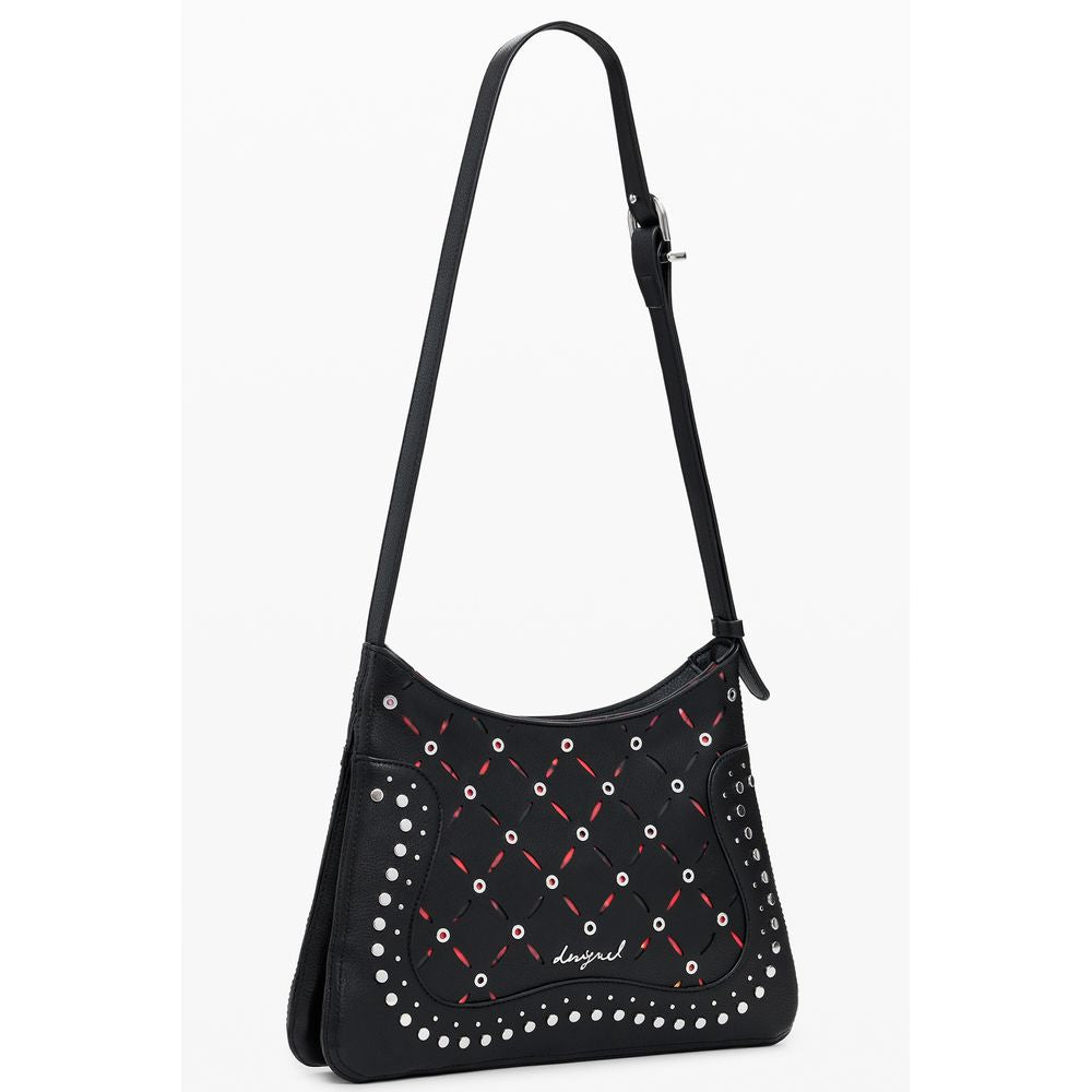 Small Crossbody Handbag by Desigual for women in faux leather black, patterned & floral features a signature silhouette, showcasing a secure zipper and signature with versatile crossbody-strap, adjustable-strap & handle for a sophisticated look.