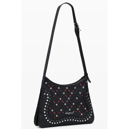 Small Crossbody Handbag by Desigual for women in faux leather black, patterned & floral features a signature silhouette, showcasing a secure zipper and signature with versatile crossbody-strap, adjustable-strap & handle for a sophisticated look.