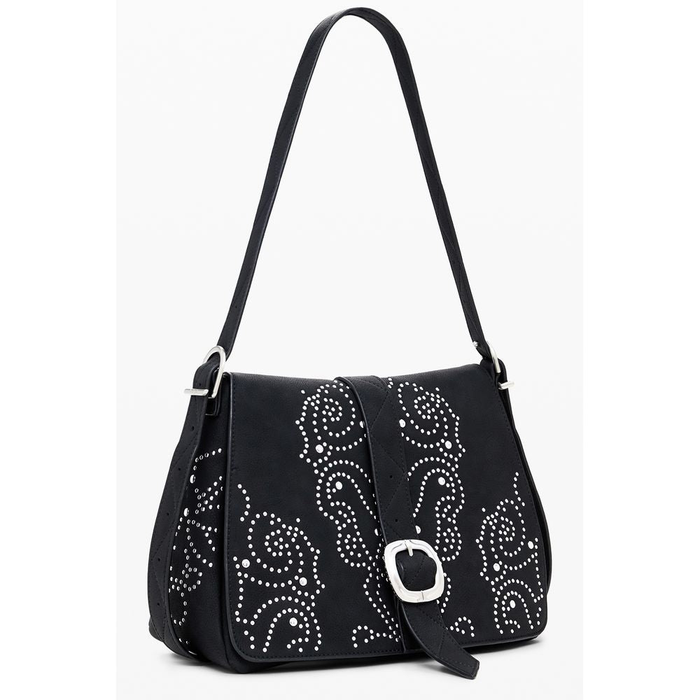 Small Crossbody Flap Handbag by Desigual for women in faux leather black features an refined silhouette, showcasing a secure flap & zipper, ample , and versatile crossbody-strap, adjustable-strap & handle for a sophisticated refined aesthetic.