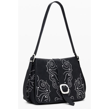Small Crossbody Flap Handbag by Desigual for women in faux leather black features an refined silhouette, showcasing a secure flap & zipper, ample , and versatile crossbody-strap, adjustable-strap & handle for a sophisticated refined aesthetic.