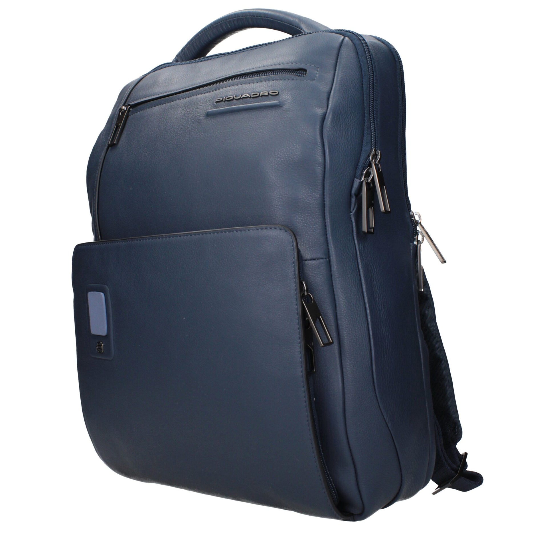 Backpack by Piquadro for men in leather blue features a refined silhouette, showcasing the Leather Backpack design with a secure , ample , and versatile backpack-strap & adjustable-strap.