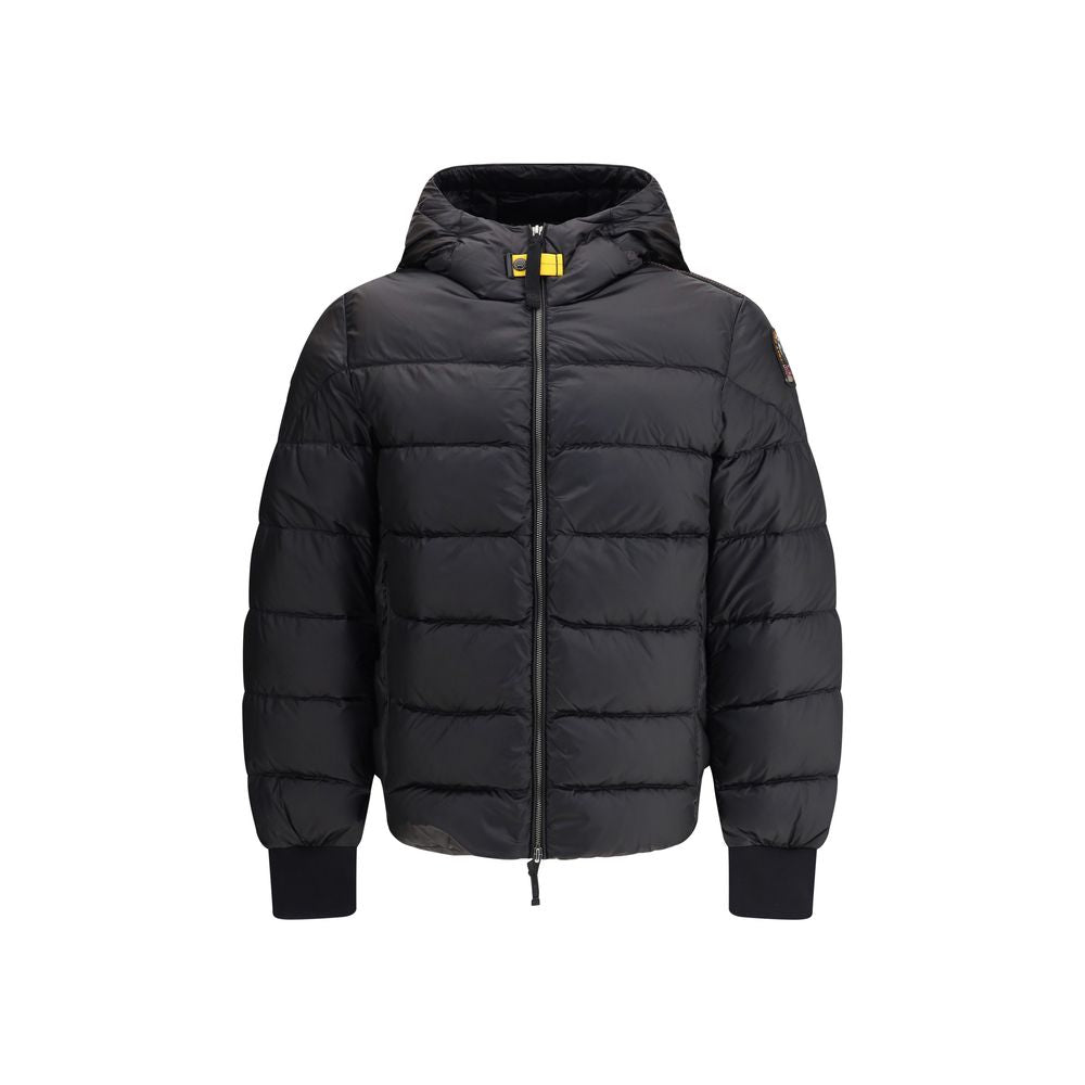 Hooded Puffer Jacket by Parajumpers for men in polyamide & duck down black & yellow features a city-ready silhouette, detailed with pockets, hooded & insulated and a city-ready hooded neckline.