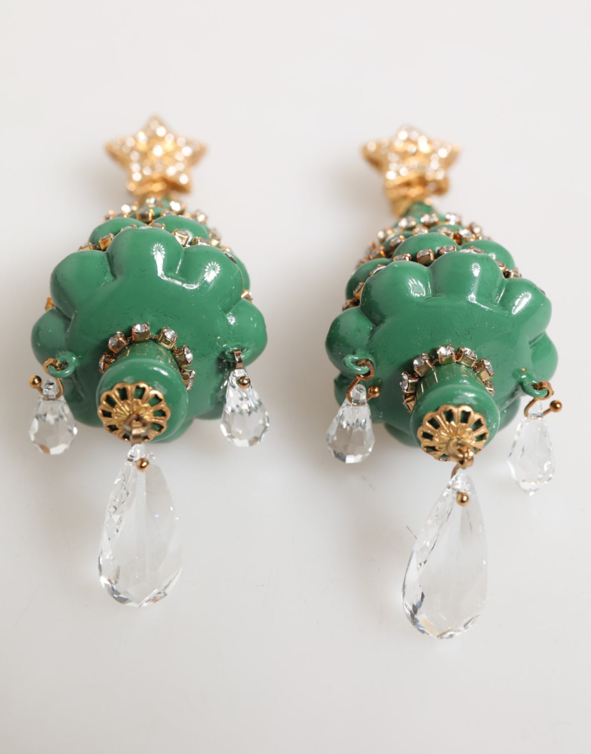 Dolce & Gabbana Star Women's Clip On Teardrop Gold Brass Crystal & Enamel Earrings - Gold Green Multicolor White