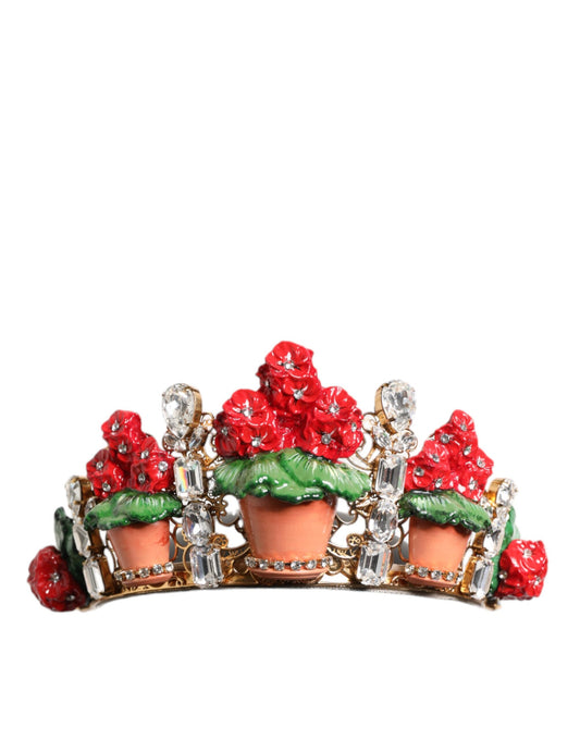 Dolce & Gabbana Brass Crystal Glass & Resin Headband - Gold Green Multicolor Red Terracotta Floral