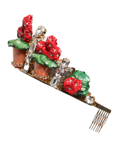 Dolce & Gabbana Brass Crystal Glass & Resin Headband - Gold Green Multicolor Red Terracotta Floral