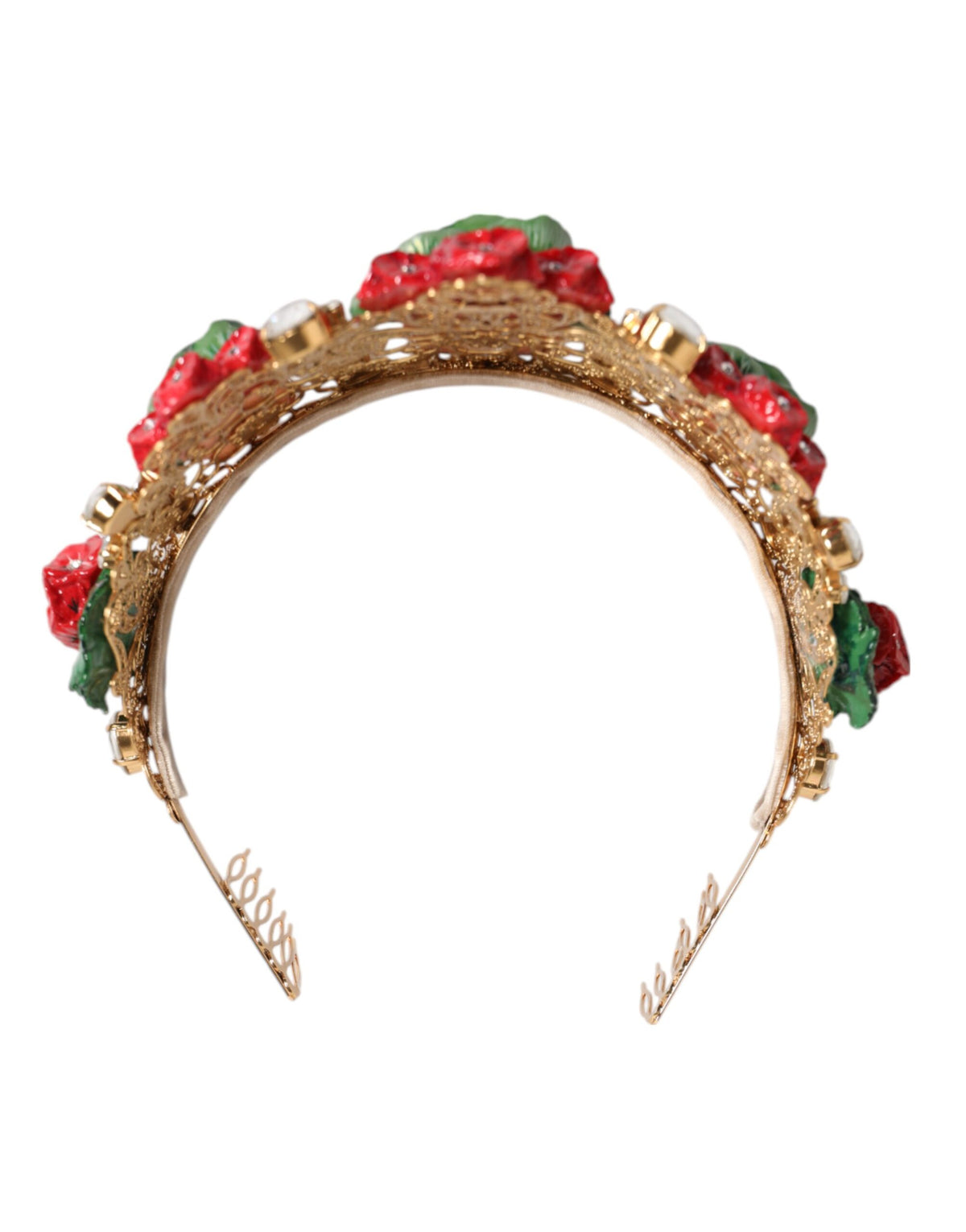 Dolce & Gabbana Brass Crystal Glass & Resin Headband - Gold Green Multicolor Red Terracotta Floral