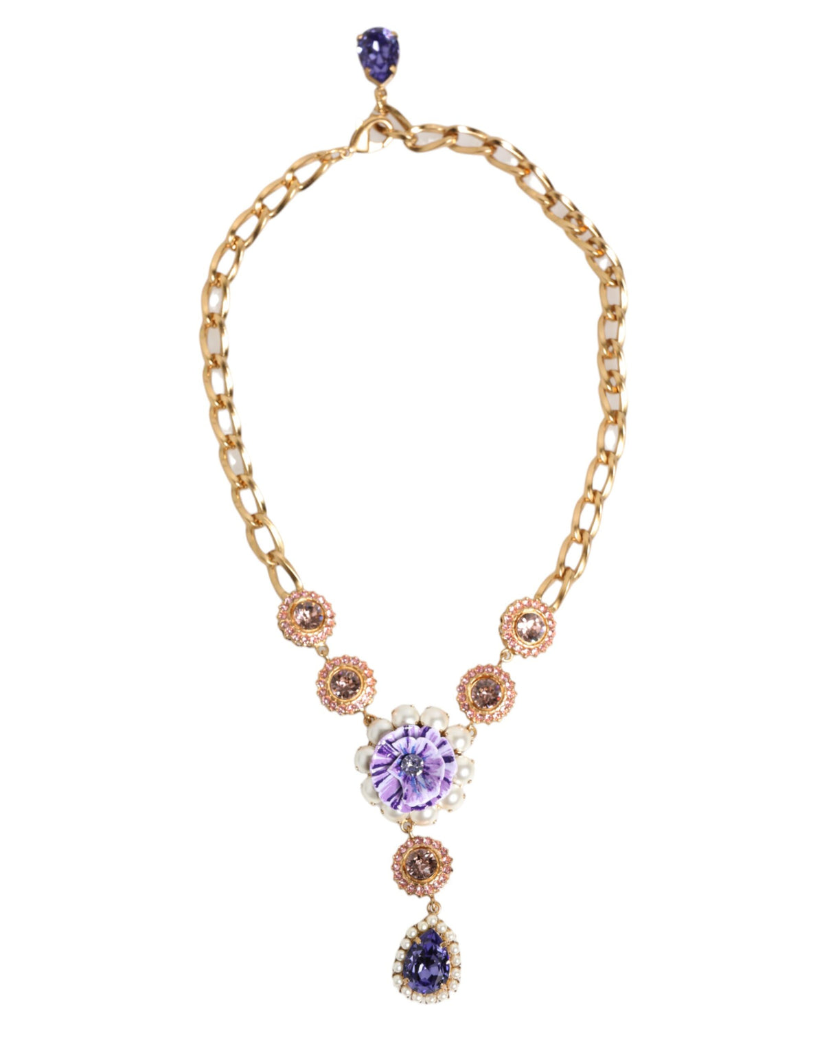 Dolce & Gabbana Women's Brass Gold Pearls & Crystal Necklace - Gold Multicolor Pearl Pink Purple Violet Floral