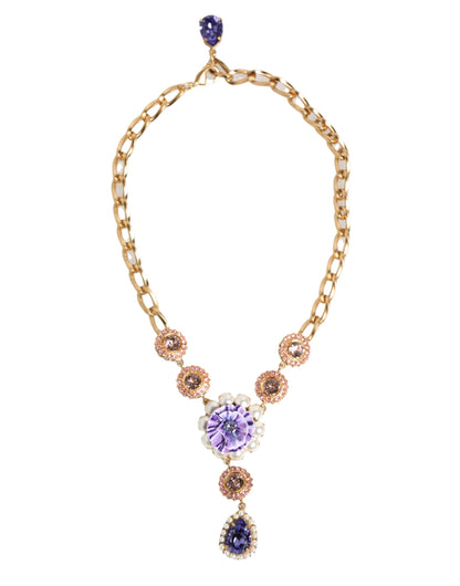 Dolce & Gabbana Women's Brass Gold Pearls & Crystal Necklace - Gold Multicolor Pearl Pink Purple Violet Floral