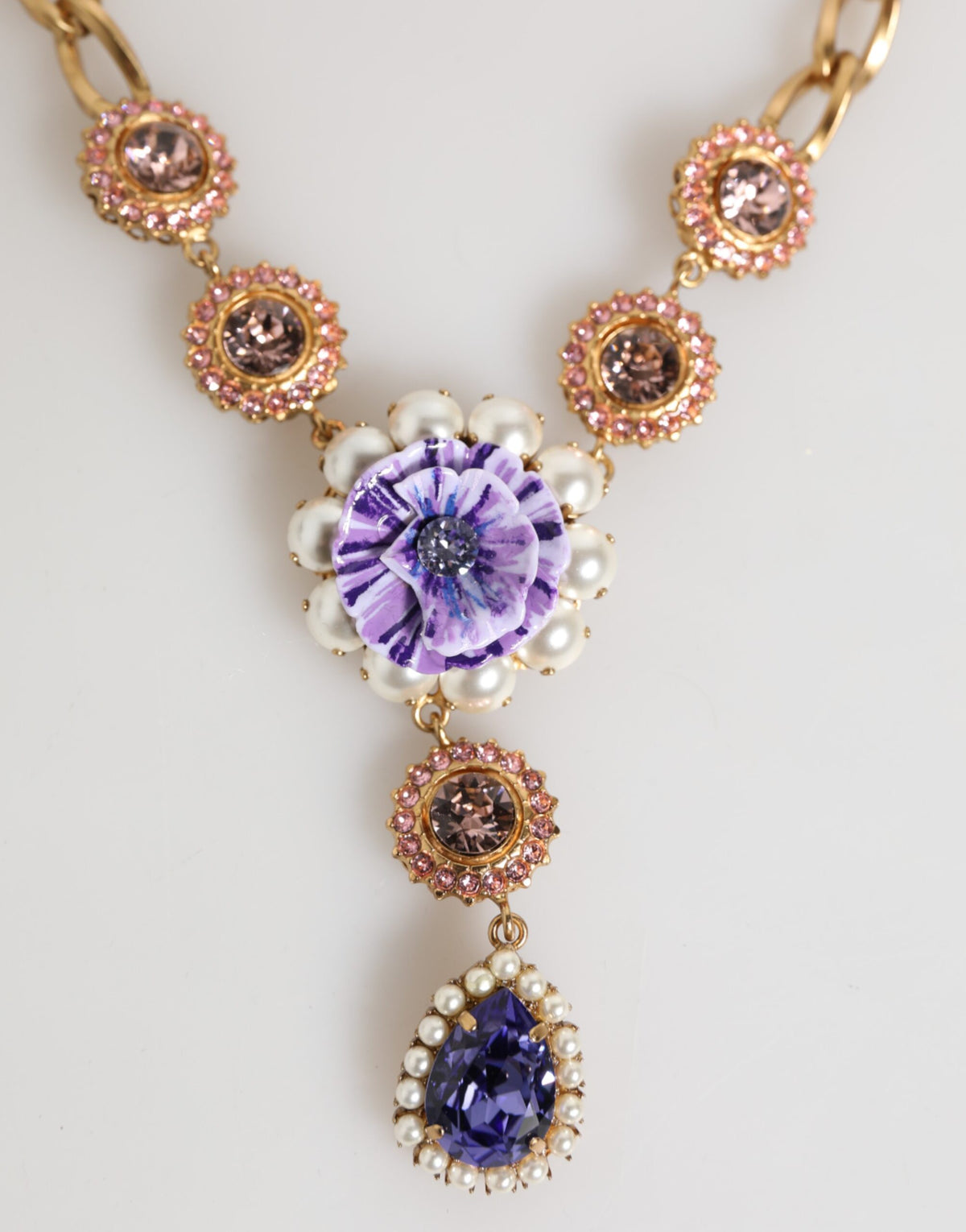 Dolce & Gabbana Women's Brass Gold Pearls & Crystal Necklace - Gold Multicolor Pearl Pink Purple Violet Floral