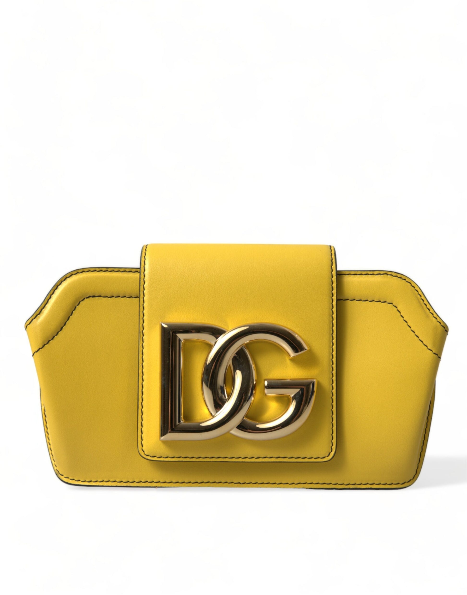 Compact Crossbody Flap Clutch Convertible Handbag by Dolce & Gabbana for women in calfskin leather gold, lime-green & yellow features a polished silhouette with a secure snap, flap & magnetic, ample , and polished crossbody-strap for a sophisticated look.