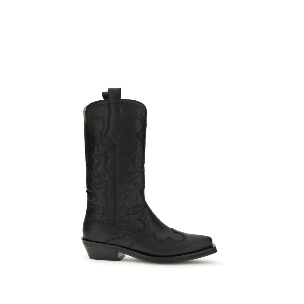 Cowboy Mid-Calf Boots by Ganni for women in polyester polyurethane & calf leather black features an avant-garde Women's Polyester Polyurethane & Calf Leather Cowboy Mid-Calf Boots silhouette, defined by a sophisticated and a avant-garde pointed toe style.