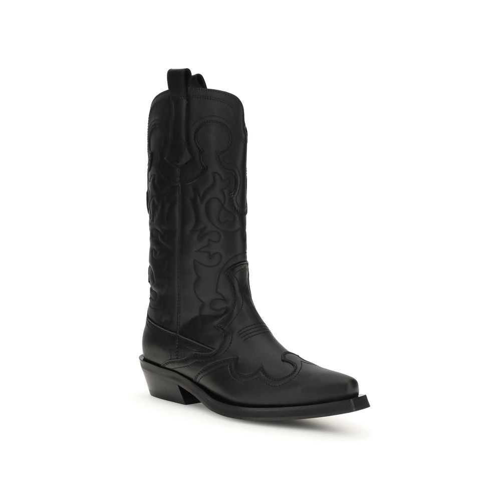 Cowboy Mid-Calf Boots by Ganni for women in polyester polyurethane & calf leather black features an dynamic silhouette, showcasing the dynamic Women's Polyester Polyurethane & Calf Leather Cowboy Mid-Calf Boots design with its distinctive and elegant pointed toe style.