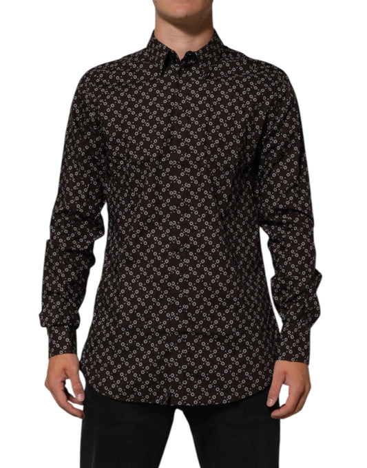 Dolce & Gabbana Men's Slim Long-Sleeve Cotton Dress Shirt - Brown Gold Patterned Floral
