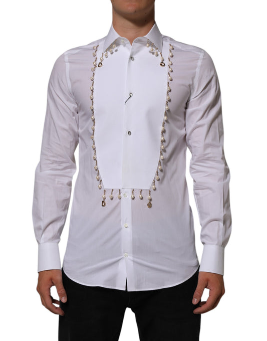 Dress Shirt by Dolce & Gabbana for men in cotton gold, pearl, white & patterned showcases a sublime silhouette, artfully detailed with a sublime and long-sleeve for a sophisticated, sublime finish.