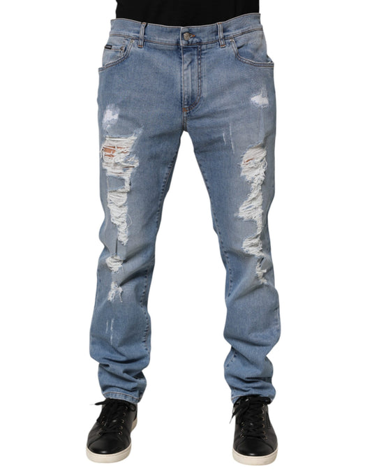 Jeans by Dolce & Gabbana for men in stretch denim cotton blue features a polished silhouette with a polished tapered-leg, skinny & slim, reaching a polished long and finished with a polished .