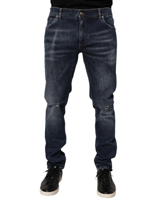 Jeans by Dolce & Gabbana for men in denim cotton & polyethylene terephthalate dark-blue presents a refined pantology silhouette, artfully defined by a refined pantology tapered-leg, regular-fit & slim, long, and a sophisticated .
