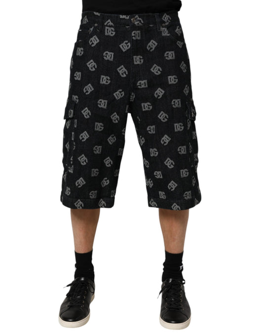 Denim Shorts by Dolce & Gabbana for men in stretch denim cotton black, signature & monogram presents a utilitarian silhouette, showcasing a utilitarian relaxed-fit & regular-fit with a short and mid rise.
