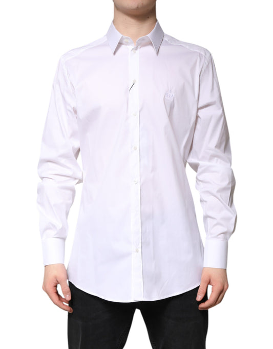 Dress Shirt by Dolce & Gabbana for men in stretch cotton & nylon gold & white showcases a sharp silhouette, elegantly detailed with a sharp and sharp long-sleeve.