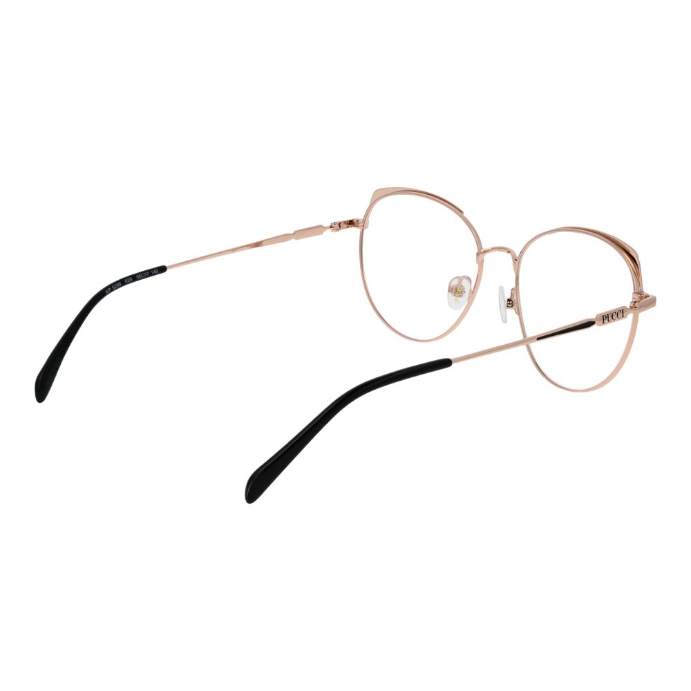 Eyeglasses Frames by Emilio Pucci for women in metal rose-gold showcases a reflective silhouette, artfully incorporating a sophisticated rose-gold coloured frame with a distinct full-frame frame design.