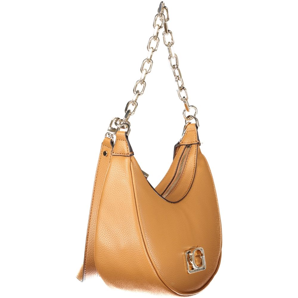 Handbag by Guess Jeans for women in polyethylene brown & signature features an refined silhouette, showcasing a secure zipper, ample external-pockets, internal-pockets & cardholder, and versatile shoulder-strap, adjustable-strap & handle for a sophisticated refined aesthetic.
