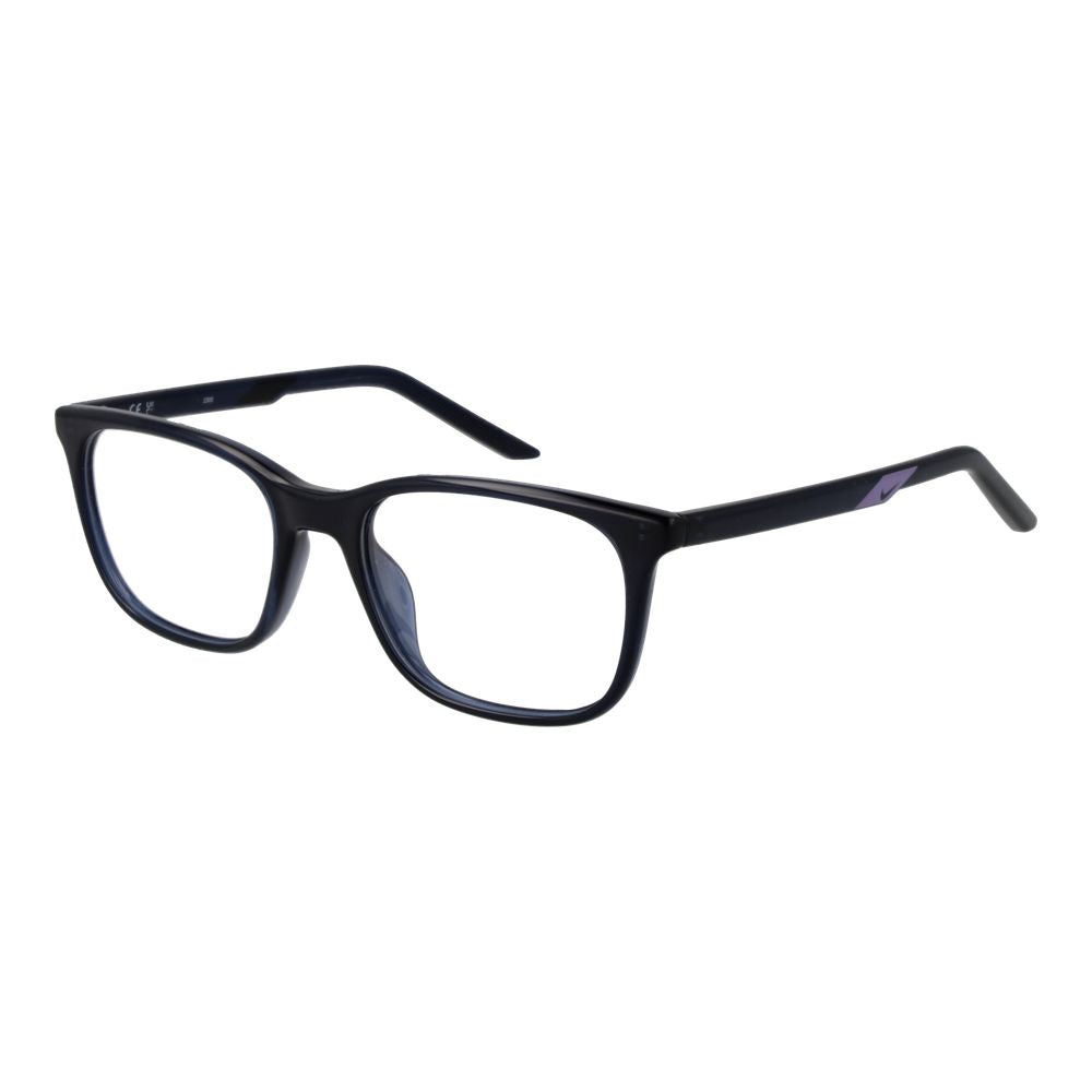 Eyeglasses Frames by Nike for women in stainless steel and black showcases a refined silhouette, detailed with a blue coloured frame finish and a sophisticated full-frame frame design.