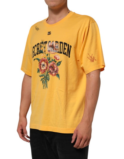 Dolce & Gabbana Men's Regular Fit Short-Sleeve Crew Neck Cotton T-Shirt - Yellow Patterned Floral Print
