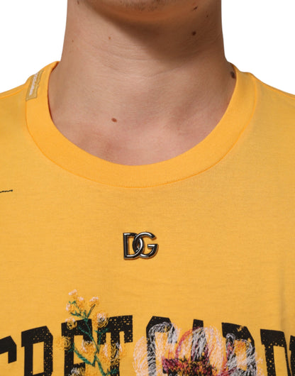 Dolce & Gabbana Men's Regular Fit Short-Sleeve Crew Neck Cotton T-Shirt - Yellow Patterned Floral Print