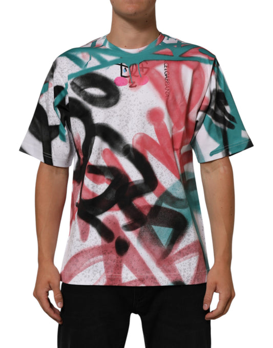 Dolce & Gabbana Men's Regular Fit Short-Sleeve Crew Neck Cotton T-Shirt - White Patterned Print