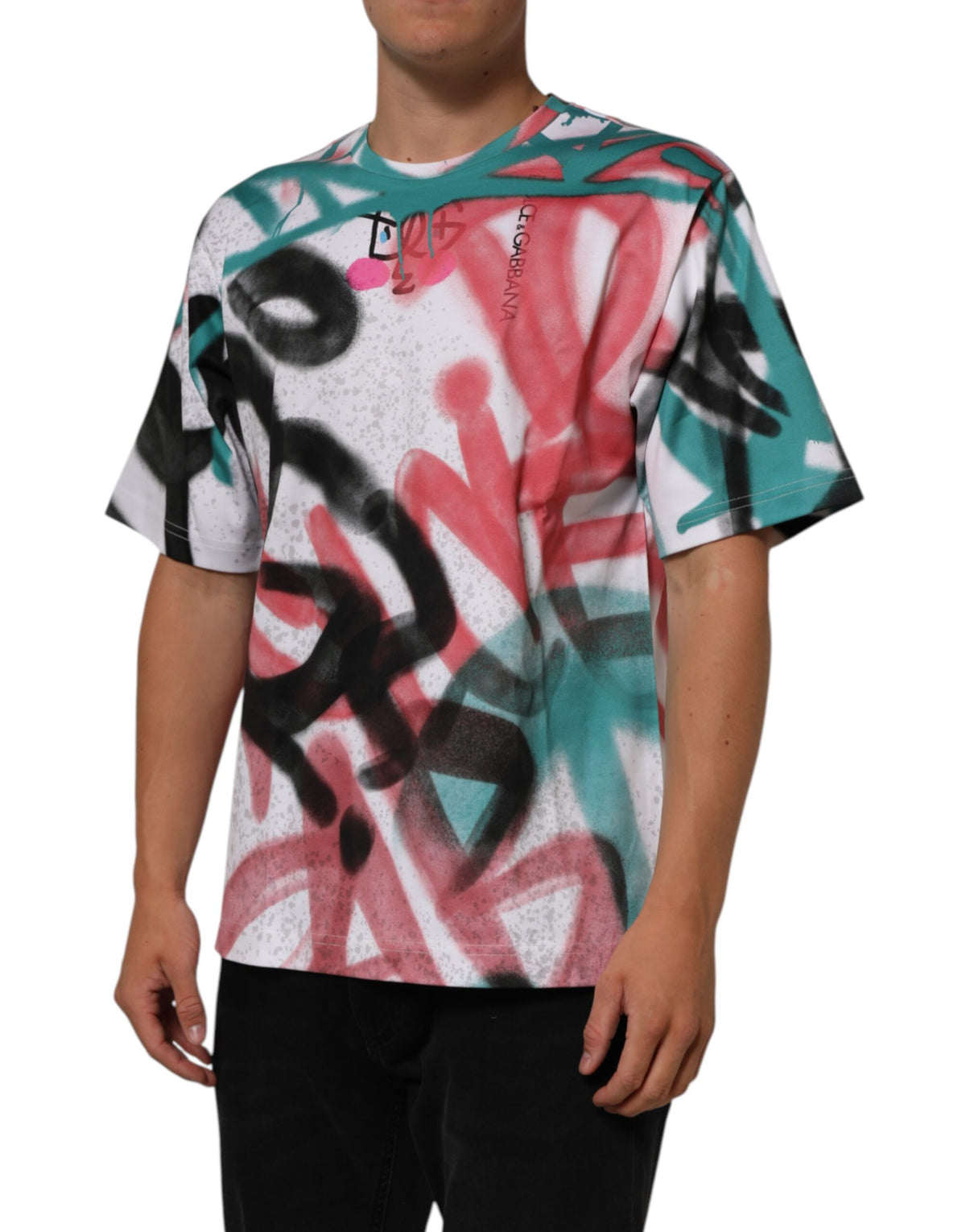 Dolce & Gabbana Men's Regular Fit Short-Sleeve Crew Neck Cotton T-Shirt - White Patterned Print
