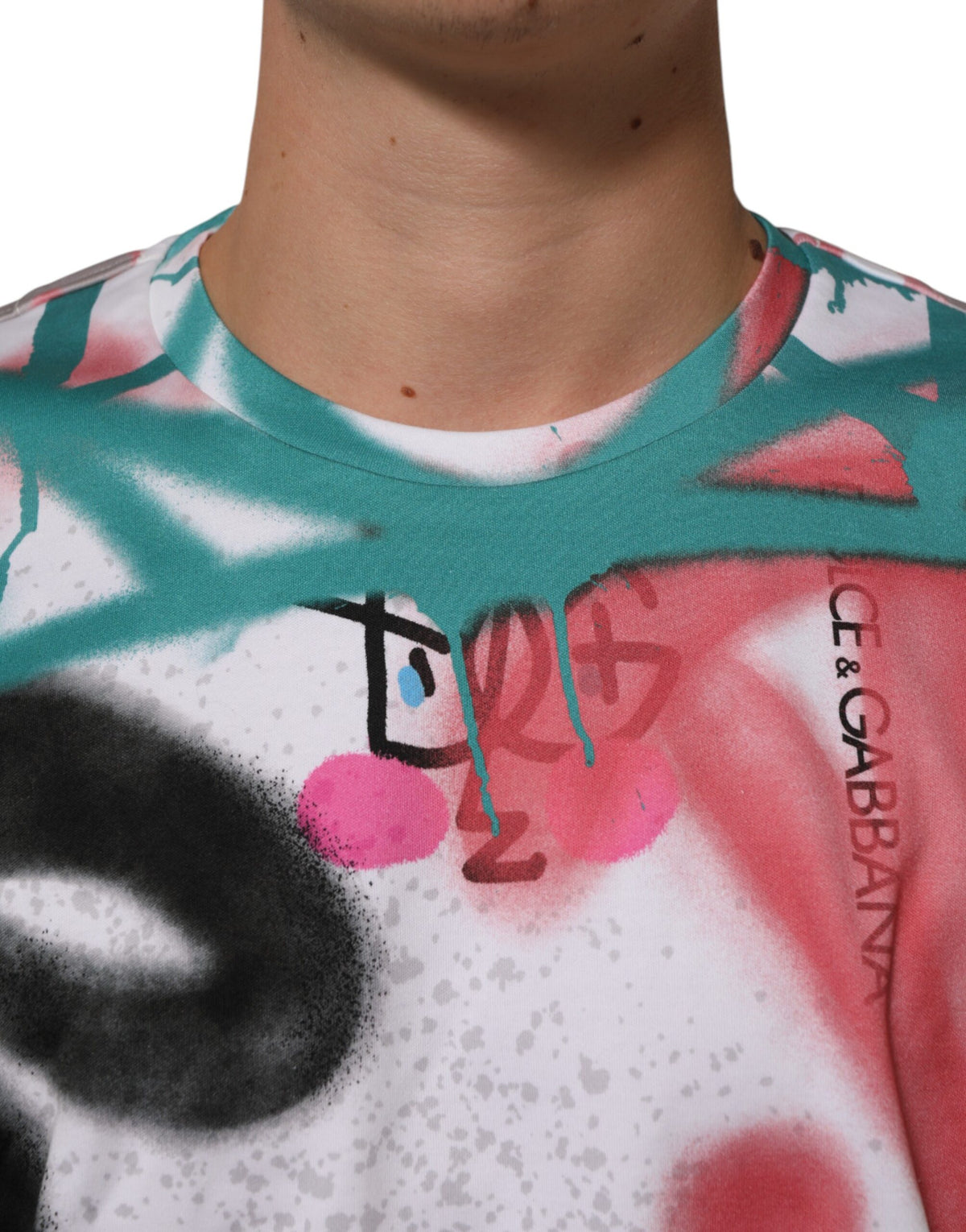 Dolce & Gabbana Men's Regular Fit Short-Sleeve Crew Neck Cotton T-Shirt - White Patterned Print