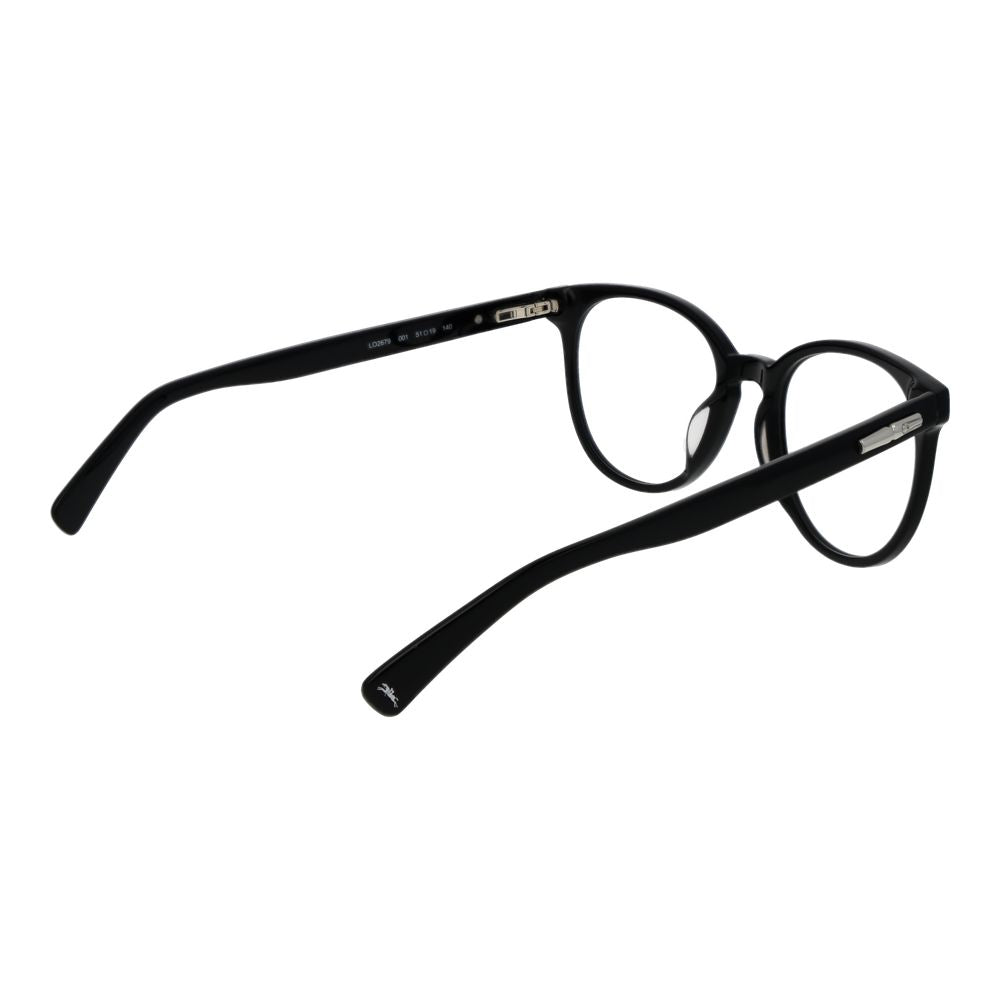 Eyeglasses Frames by Longchamp for women in cellulose acetate black showcases a reflective silhouette, artfully incorporating a sophisticated black coloured frame with a distinct full-frame frame design.