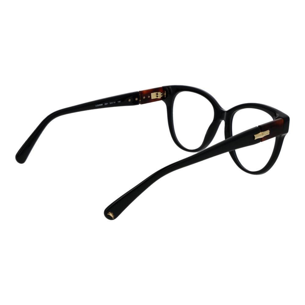 Eyeglasses Frames by Longchamp for women in acetate black showcases a reflective silhouette, artfully incorporating a sophisticated black coloured frame with a distinct full-frame frame design.