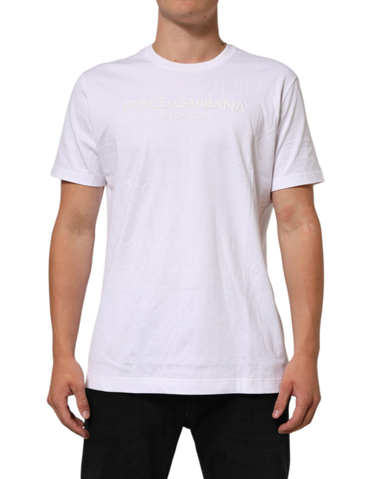 T-Shirt by Dolce & Gabbana for men in cotton white showcases a unassuming silhouette, artfully detailed with a refined crew neckline and unassuming short-sleeve for a sophisticated, contemporary look.