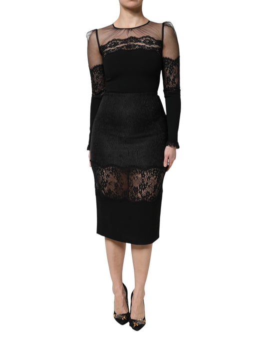 Dress by Dolce & Gabbana for women in nylon polyester cotton & silk black & signature features an eye catching silhouette with a sophisticated , elegant long-sleeve, and a refined midi for a eye catching aesthetic.