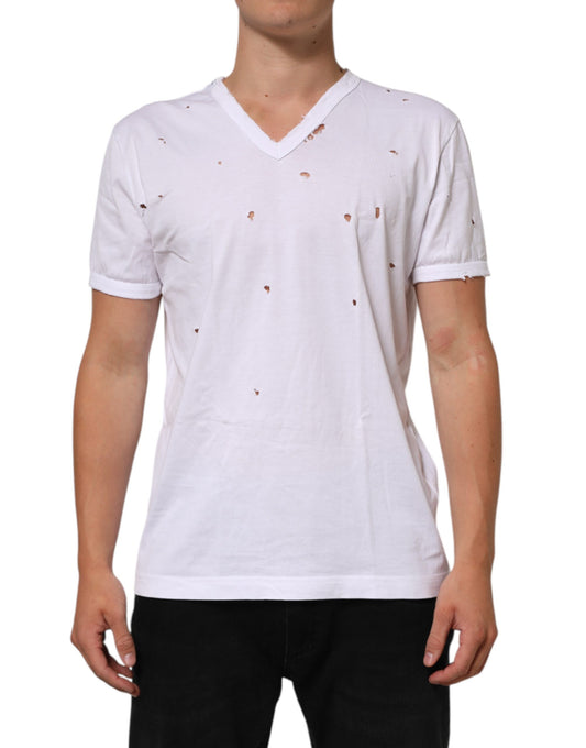 T-Shirt by Dolce & Gabbana for men in cotton white & signature showcases a chic silhouette, artfully detailed with a chic v-neck neckline and short-sleeve for a chic finish.
