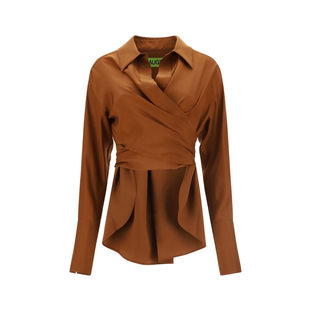 Shirt by GAUGE81 for women in silk brown & signature presents a discerning silhouette, showcasing a sophisticated round neckline and long-sleeve for a truly discerning finish.