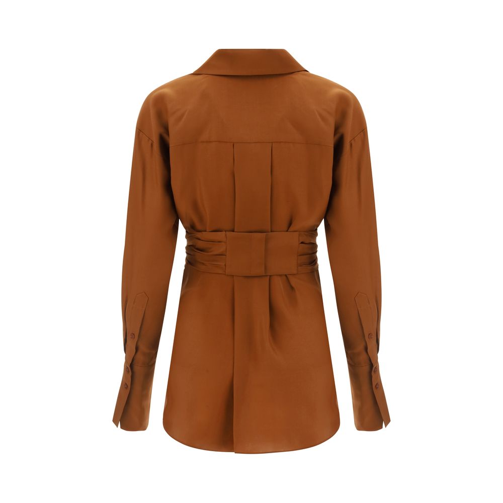 Shirt by GAUGE81 for women in silk brown & signature features an architectural silhouette with a refined and elegant round neckline for a architectural look.