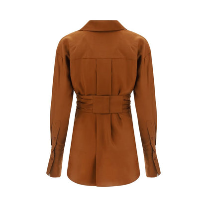 Shirt by GAUGE81 for women in silk brown & signature features an architectural silhouette with a refined and elegant round neckline for a architectural look.