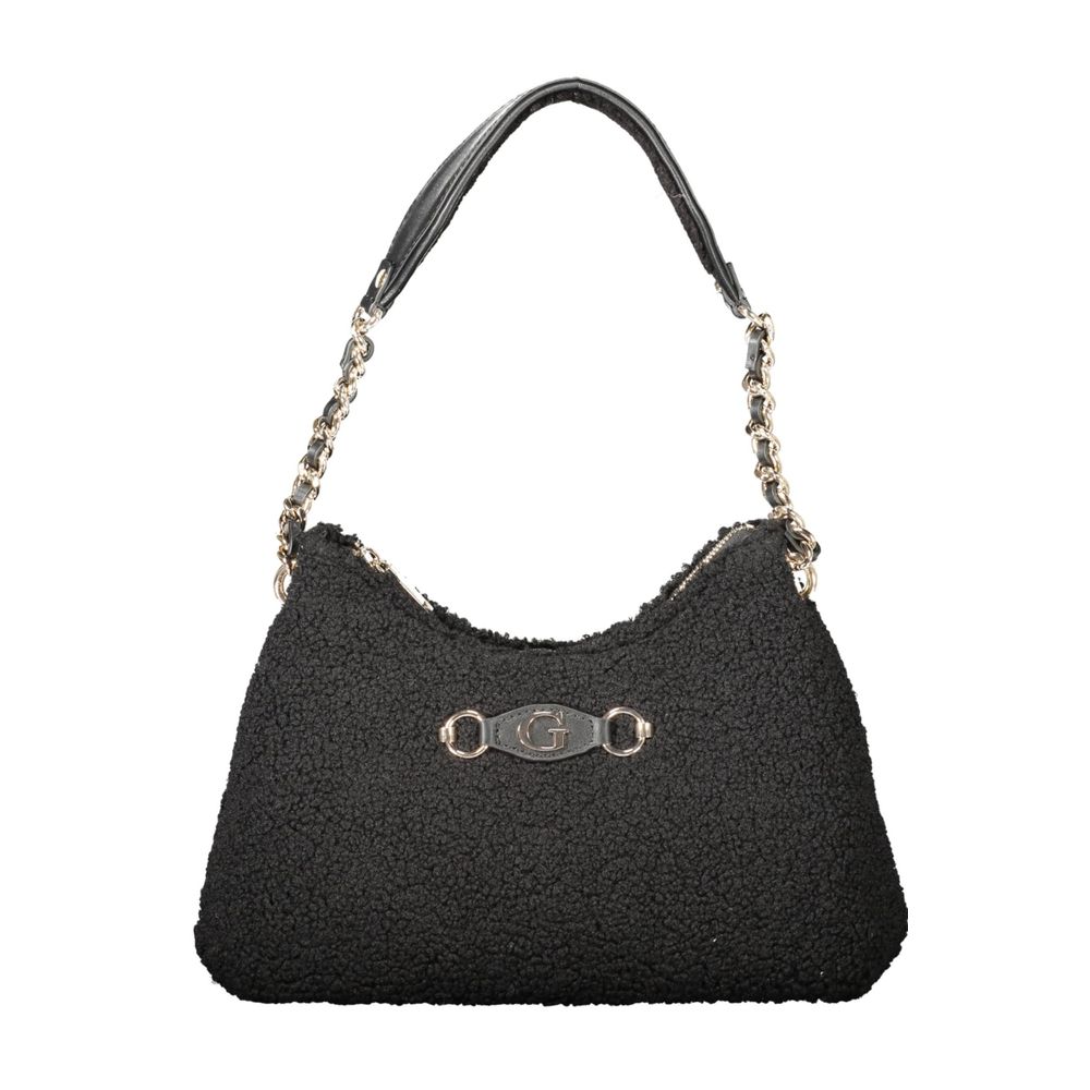 Shoulder Handbag by Guess Jeans for women in polyester black features an refined silhouette, showcasing a secure zipper, ample document-holder & internal-pockets, and versatile shoulder-strap & handle for a sophisticated refined aesthetic.