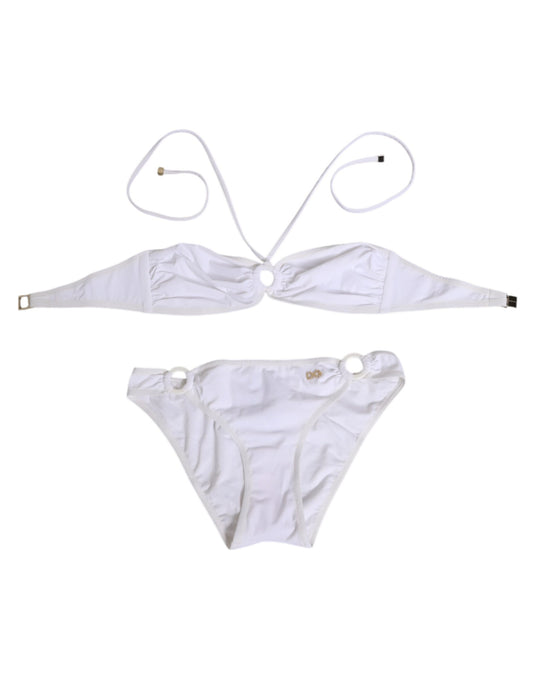 Bikini by Dolce & Gabbana for women in stretch polyamide white & signature features an dramatic silhouette, artfully capturing the essence of the dramatic Crisp Women's Stretch Polyamide Bikini design with a sophisticated dramatic cut.