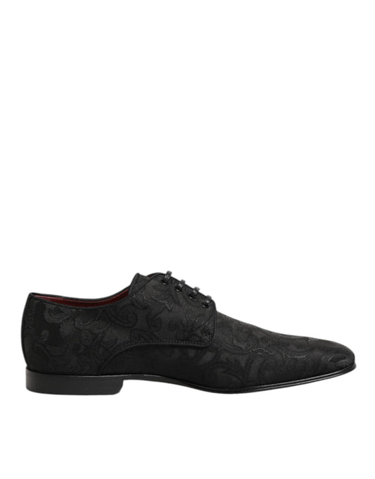 Dolce & Gabbana Men's Polyester Silk Viscose & Goat Leather Derby Lace-Up Shoes - Black Floral Signature