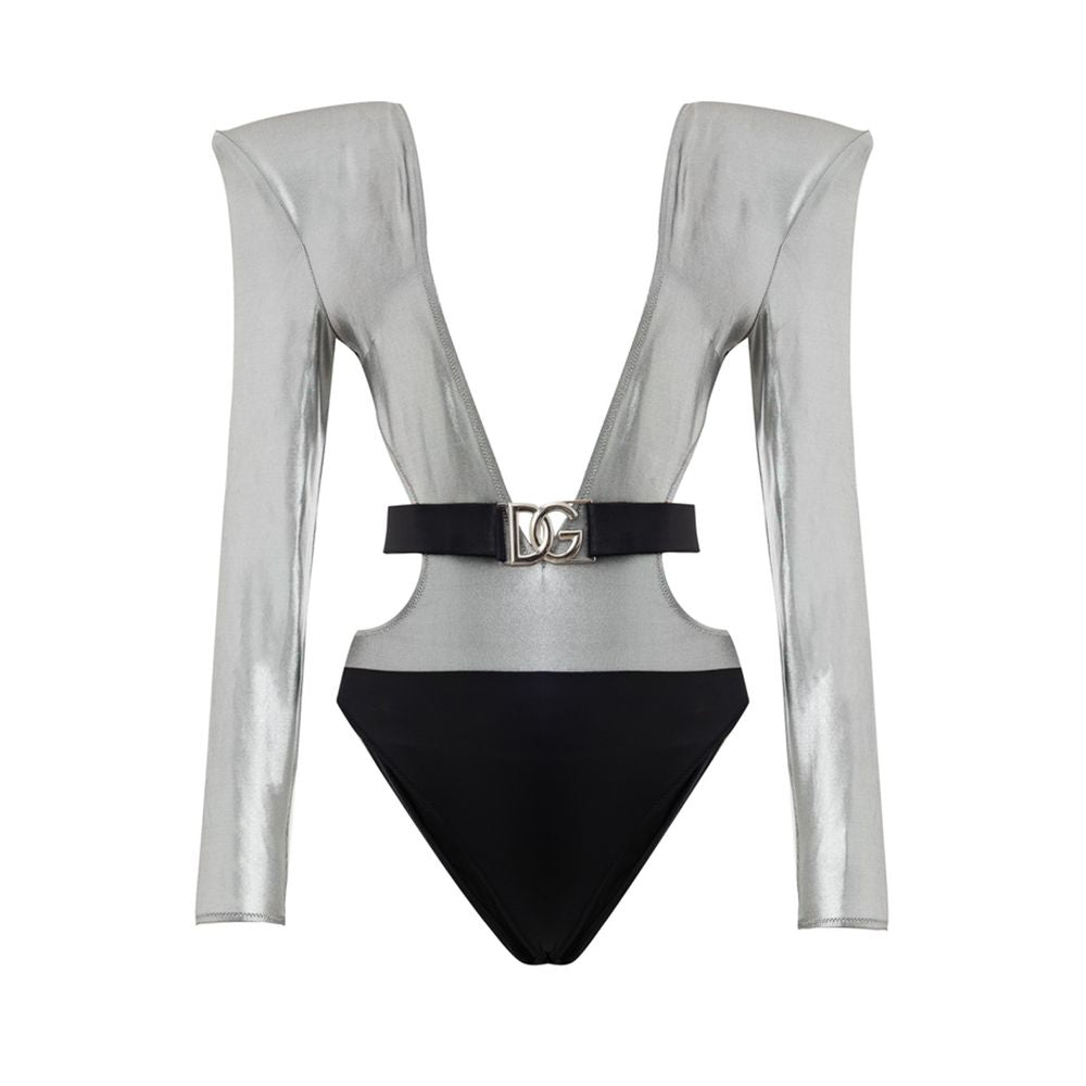 One-Piece Swimsuit by Dolce & Gabbana for women in stretch polyamide viscose black, gray & silver showcases a captivating silhouette, artfully capturing the essence of the captivating Women's Stretch Polyamide Viscose One-Piece Swimsuit design for a sophisticated look.